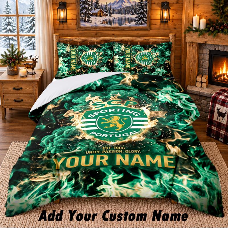 Sporting CP Pattern Bedding 3Pcs Set Custom Name, Bed Sheet And Pillowcases For Home Bedroom