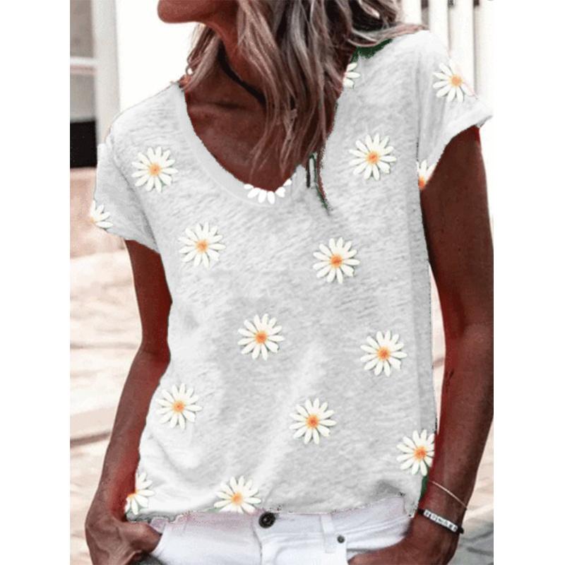 Fashion Spring Flower Print Blouses Short Sleeved V-Neck T Shirts Casual