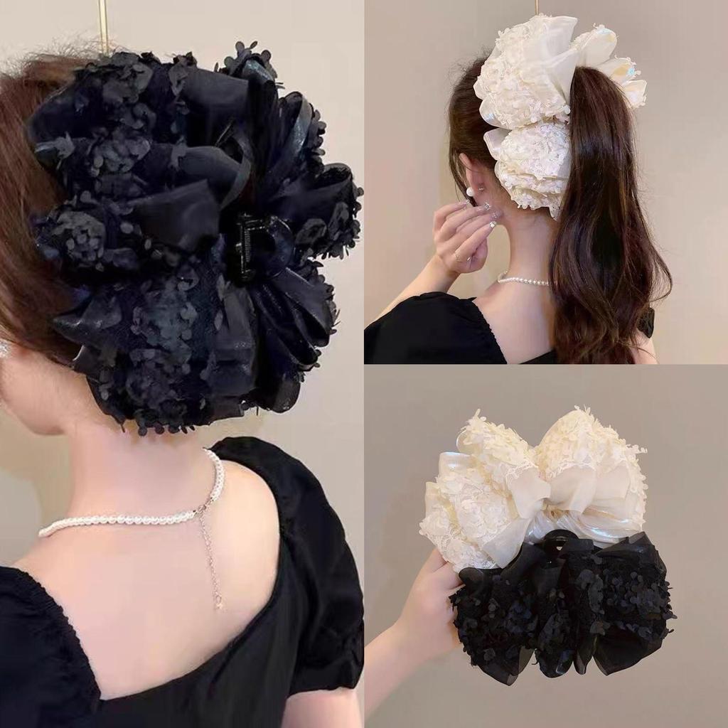 Large Summer Lace Edge Bow Claw Clip Hair Accessory for Women - Multi-Layer Feather Design