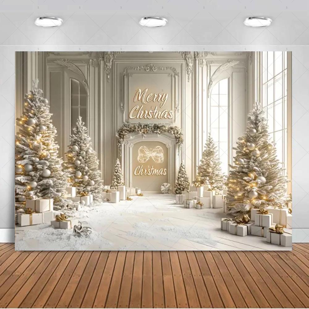 White Christmas Snow Scenery Background Xmas Tree Garland Gifts Photography Backdrop Family Xmas Party Decoration Photo Studio