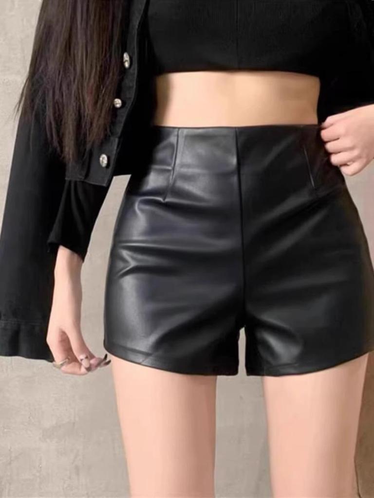 Women's A-Line PU Leather Shorts - Slim Fit, Sexy Korean Style, Perfect for Fall/Winter 2023.