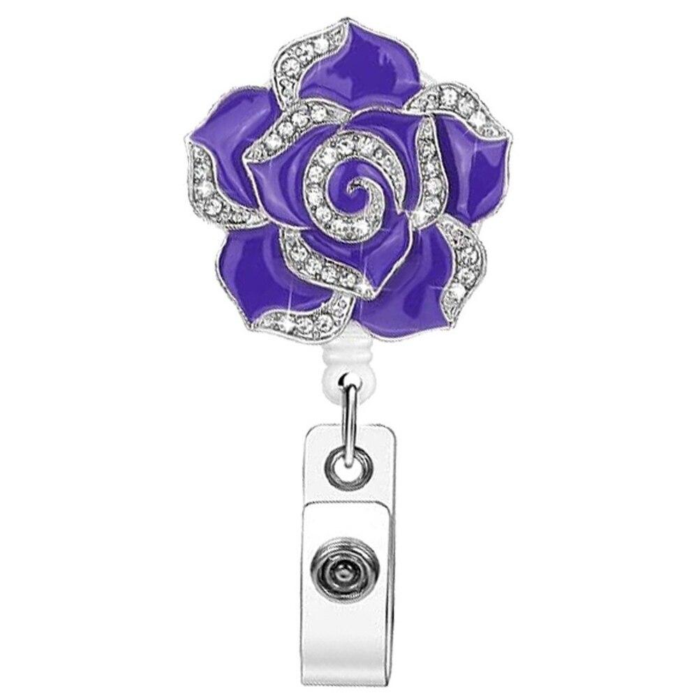 Катушка для бейджа с розой и бриллиантами для женщин и девочек, бейдж с именем, рабочий пропуск, выдвижной ремешок, нагрудная бирка, клипса, катушка