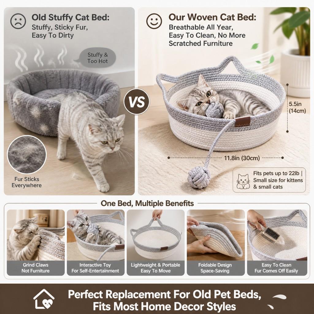 Hand-woven cotton cat basket interactive grinding claw nest with rocking toy tail four seasons breathable pet bed gray cat nest + toy ball small