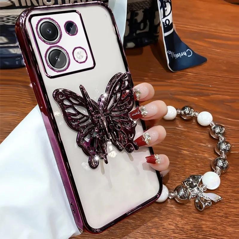 3D Butterfly Phone Holder Bead Bracelet Glitter Plating Case for Xiaomi Redmi Note 13 12 11 10 9 8 11S 10S 9S Pro Plus 4G 5G