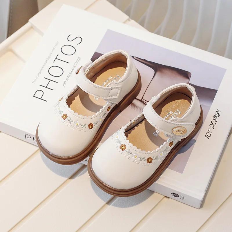 Детская кожаная обувь весна осень универсальные детские туфли Мэри Джейн модные вышитые цветы повседневные туфли принцессы для девочек