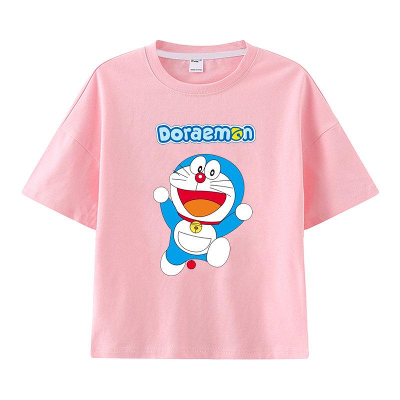 Pure Cotton Childrens Shortsleeved Tshirt for Summer Boys and Girls Halfsleeved Childrens Clothing with Doraemon Pattern