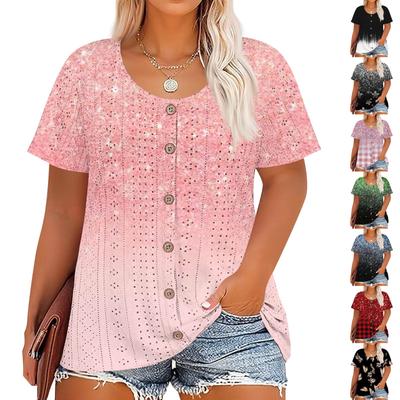 Женская мода больших размеров Повседневный винтажный топ-футболка с принтом, круглым вырезом, коротким рукавом и пуговицами
