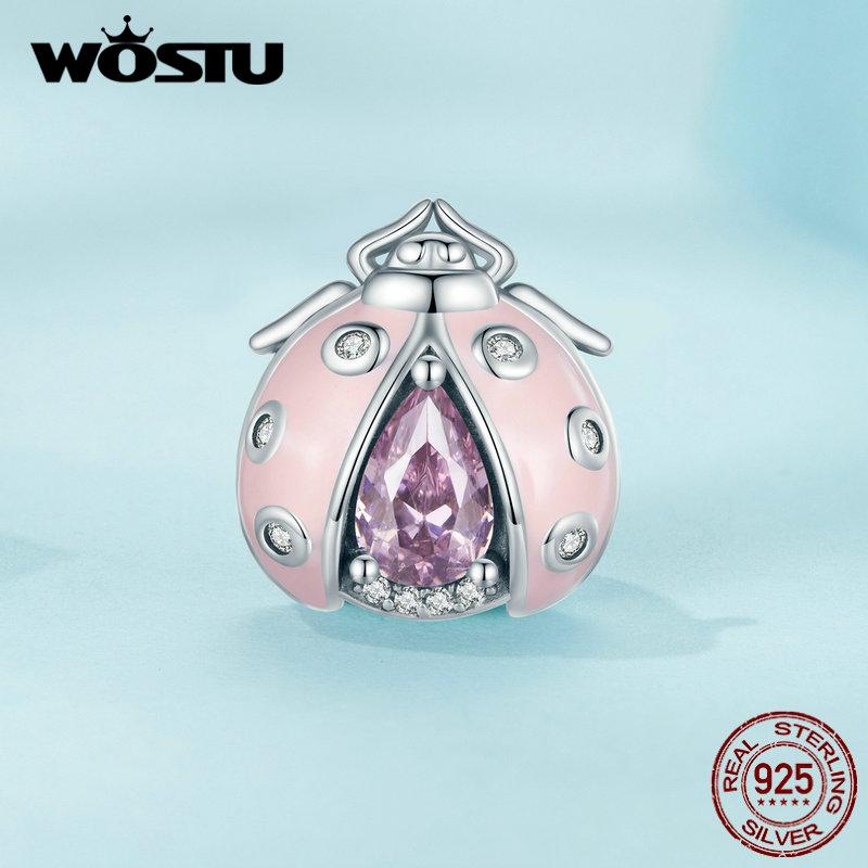 WOSTU 925 Sterling Silver Pink Enamel Ladybird Beads Pink Zircon Ladybug Charms for Women Bracelet and Bangle DIY Fine Jewelry