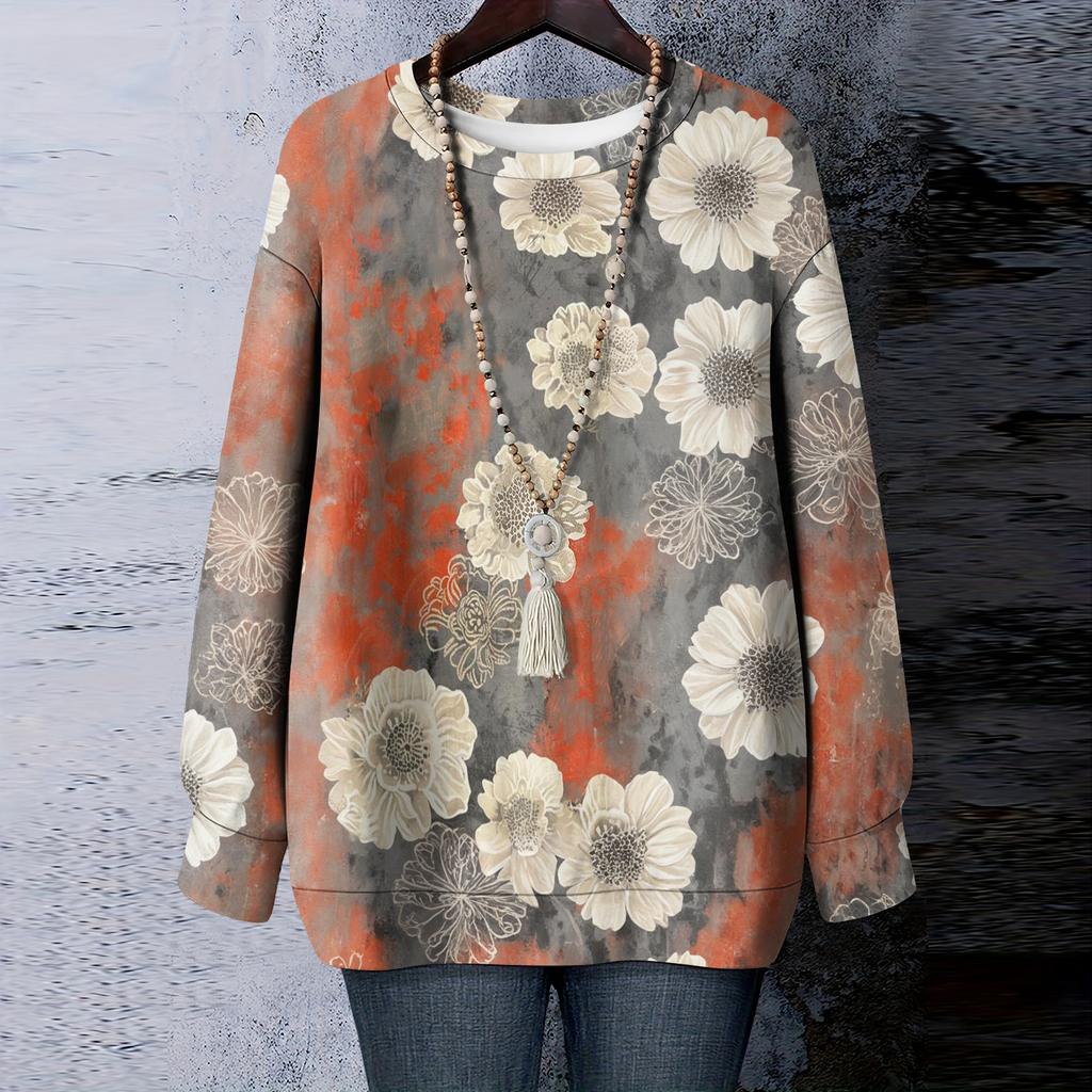 Женская футболка с цветочным принтом, круглым вырезом и длинными рукавами, свитшот