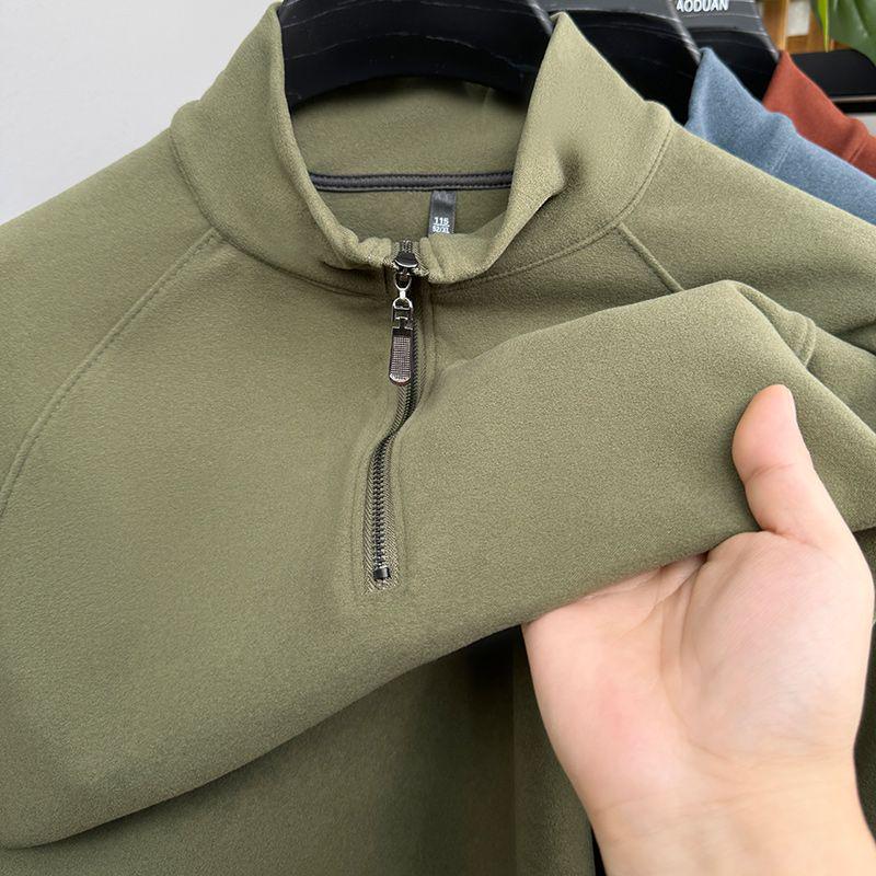 Мужской осенне-зимний вельветовый свитшот с длинным рукавом и молнией до середины груди - однотонный, теплый, универсальный топ