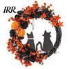 Black Cat Wreath with Lights Halloween Floral Garland, String Lights, Silhouette Garland Wreath, for Front Door Indoor Outdoor Wall Decor