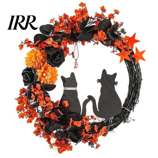 Black Cat Wreath with Lights Halloween Floral Garland, String Lights, Silhouette Garland Wreath, for Front Door Indoor Outdoor Wall Decor