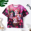 Children's Clothing Girls' Short Sleeved Round Neck T-shirt Cat Print Stylish Thin Style