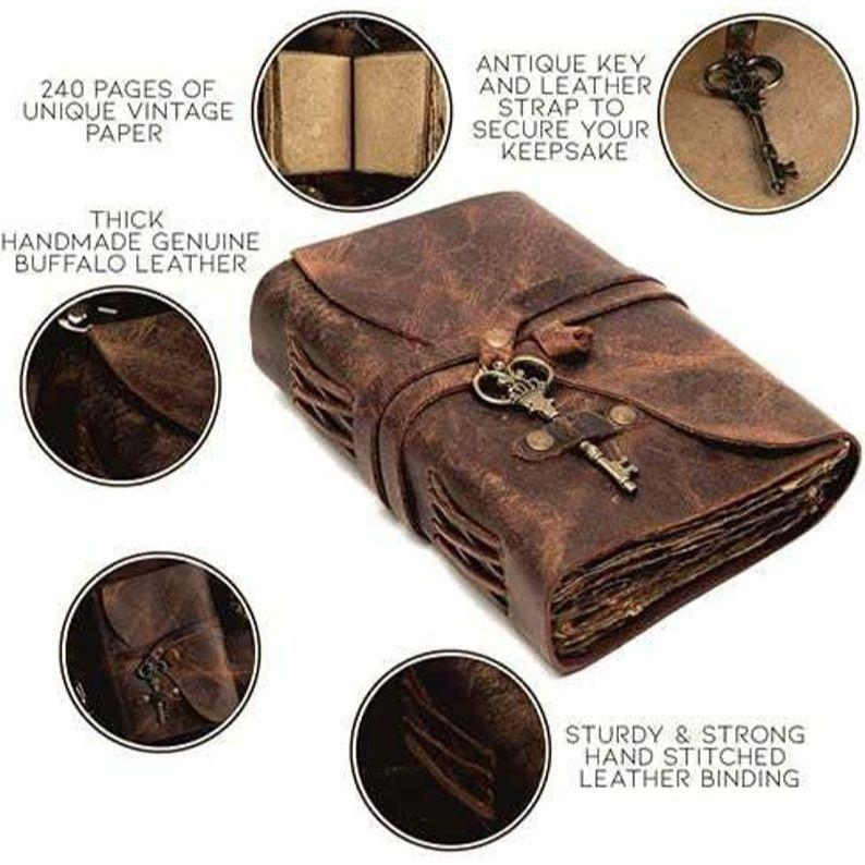 Дневник из натуральной кожи | Винтажный кожаный журнал ручной работы | Премиальная антикварная застежка-ключ | 200 антикварных страниц ручной работы с неровным краем