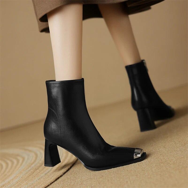 Meotina Женские ботильоны из натуральной кожи, шерстяные короткие сапоги на толстом высоком каблуке с квадратным носком, шерстяные короткие ботинки на молнии, женская обувь, зимняя обувь