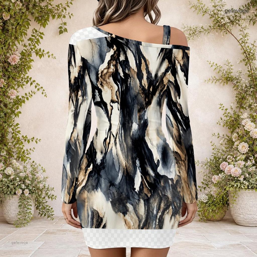 Women Plus Size One Shoulder Long Sleeve White Navy Blue Printed Bodycon Mini Dress