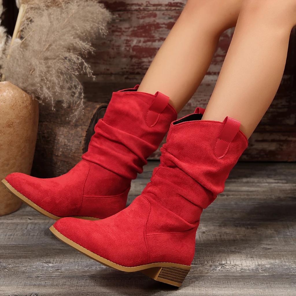 Female Shoes On Sale 2024 New Slip On Women's Boots Spring Autumn Pointed Toe Solid High Tube Chunky Heels Plus Size Boots