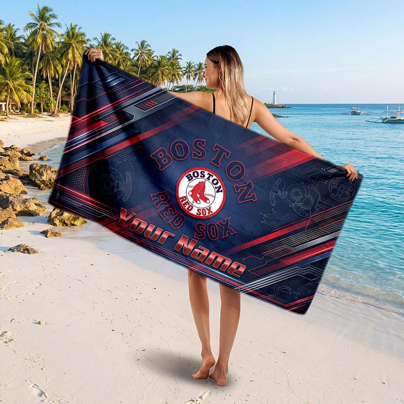 Boston Red Sox Customized Name Text Beach Towel, Soft Absorbent Towel Beach Pool Travel Personal Gift