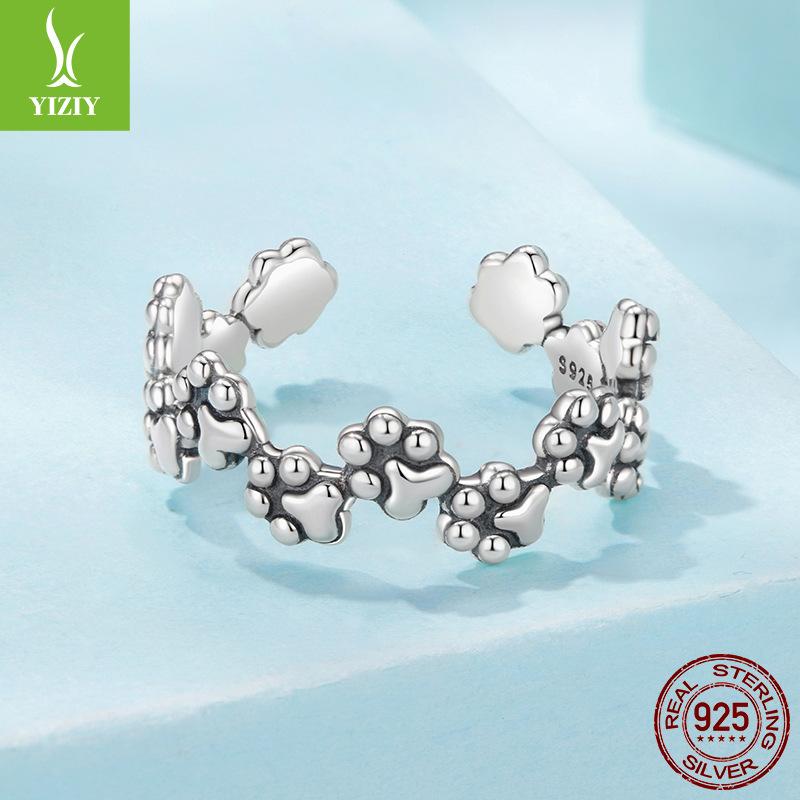 Cute Retro Style Pet Cat Paw Print Open Ring S925 Sterling Silver Paw Print Splicing Ring