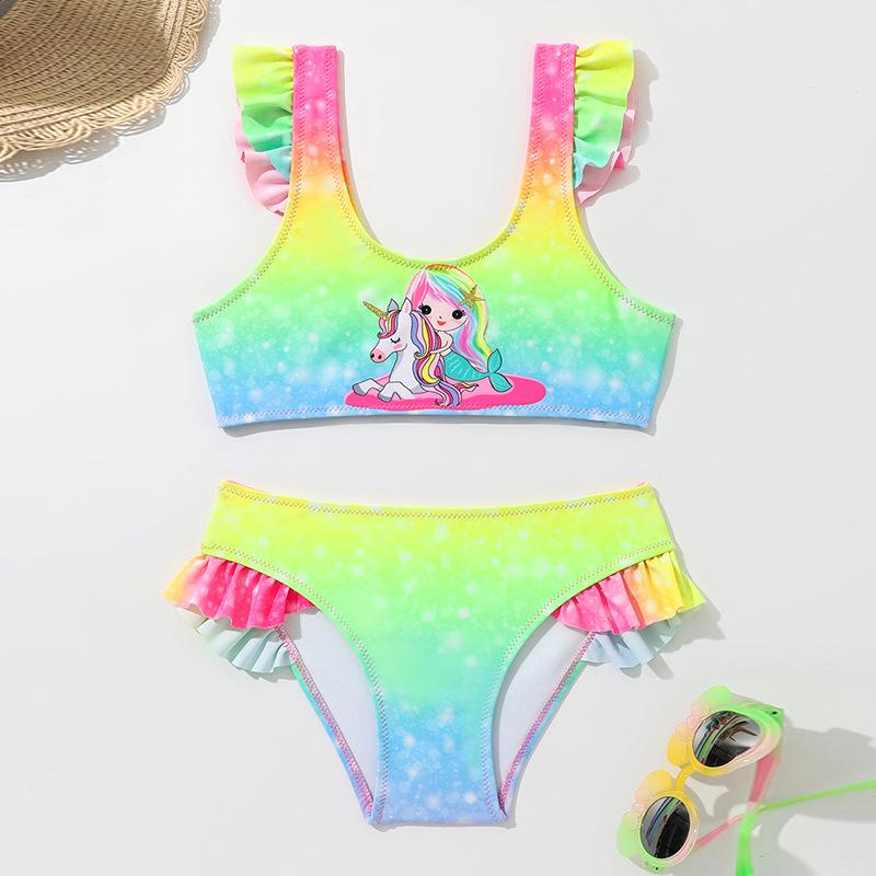 Kids' Fashion Two Pieces Ruffled Rainbow Swimsuit Girls‘ Tankini Bathing Suit Toddlers' Unicorn Printed Tank Top and Briefs Cute Swimming Suit