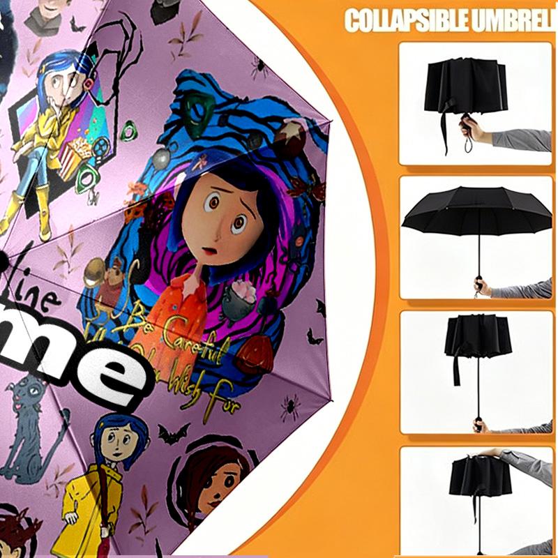 Custom Name Personalized Coraline Print Umbrella, Auto Open Close, 8‑Rib Sturdy Frame, Commute Camping Hiking Use, Birthday Gift