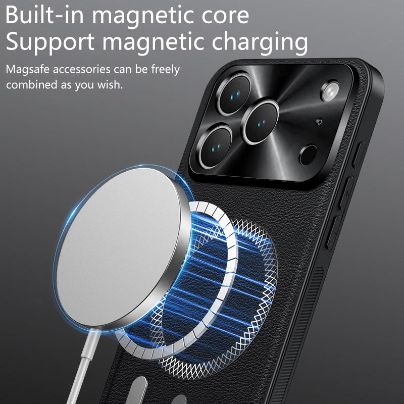 Роскошный чехол из ПУ кожи для Apple iPhone 17 Pro Max 17 Pro 17 Magsafe Магнитное металлическое кольцо Защита объектива Противоударный чехол