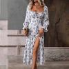 Women Autumn Winter Long Sleeve Flower Print Square Neck Casual A-Line Ankle-Length High Waist Dress