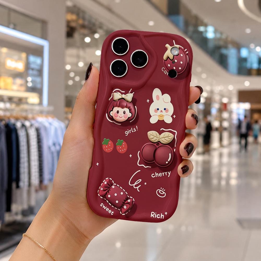 Мультяшная Девочка Кролик Конфета Вишня Чехол для Телефона для iPhone 16 15 14 Pro Max 13 12 11 Mini XR XS SE Волнистый Край Мягкий Чехол