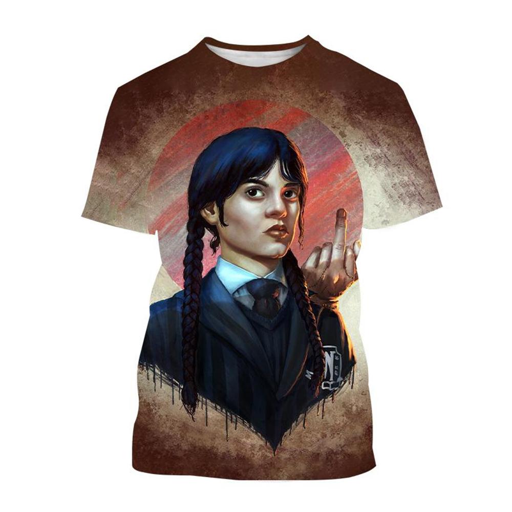 Женские футболки с коротким рукавом и повседневным кроем с 3D-принтом персонажа Уэнсдей Мерлины - Мягкая полиэстеровая ткань средней эластичности, летняя одежда свободного кроя