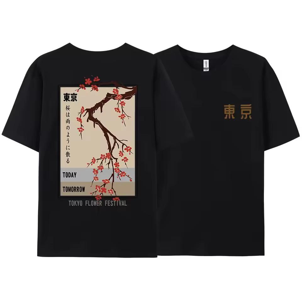 Harajuku Japanese T-shirt Today Tomorrow Tokyo Flower Festival T Shirt Fashion O-Neck T Shirts Loose Street Hip Hop T-Shirts