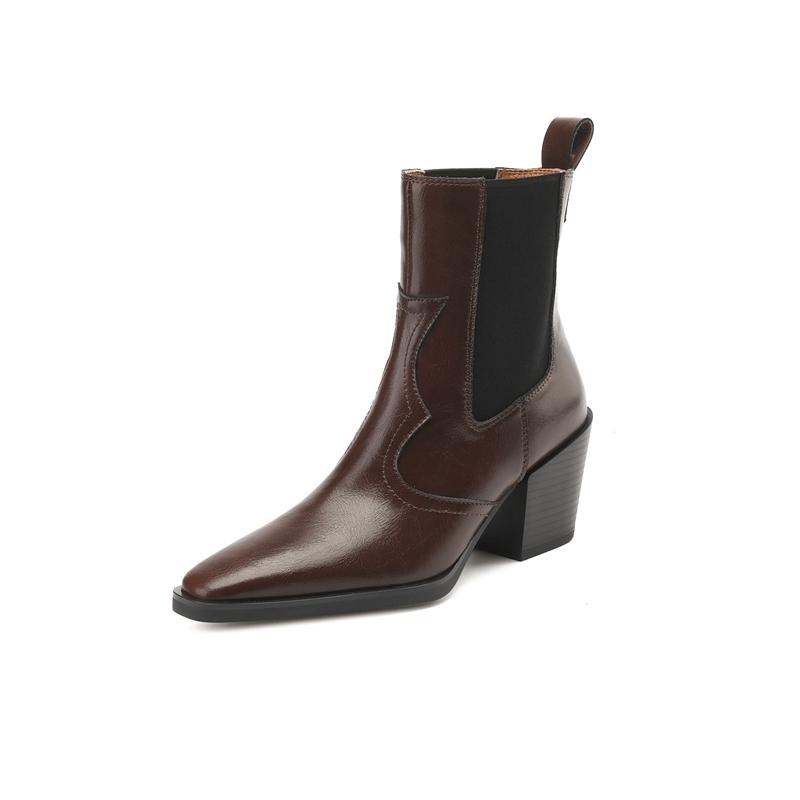2024 Новые осенние женские сапоги с острым носком и толстым каблуком. Обувь из натуральной кожи для женщин. Лаконичные ботильоны. Сапоги на платформе.