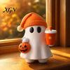 Milk Tea Ghost Gift Halloween Figurine, Cute Reading Statue, Ornament with Resin Collectibles Pumpkin Bucket, Skeleton Puppy Tabletop Decor