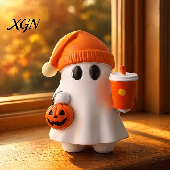 Milk Tea Ghost Gift Halloween Figurine, Cute Reading Statue, Ornament with Resin Collectibles Pumpkin Bucket, Skeleton Puppy Tabletop Decor