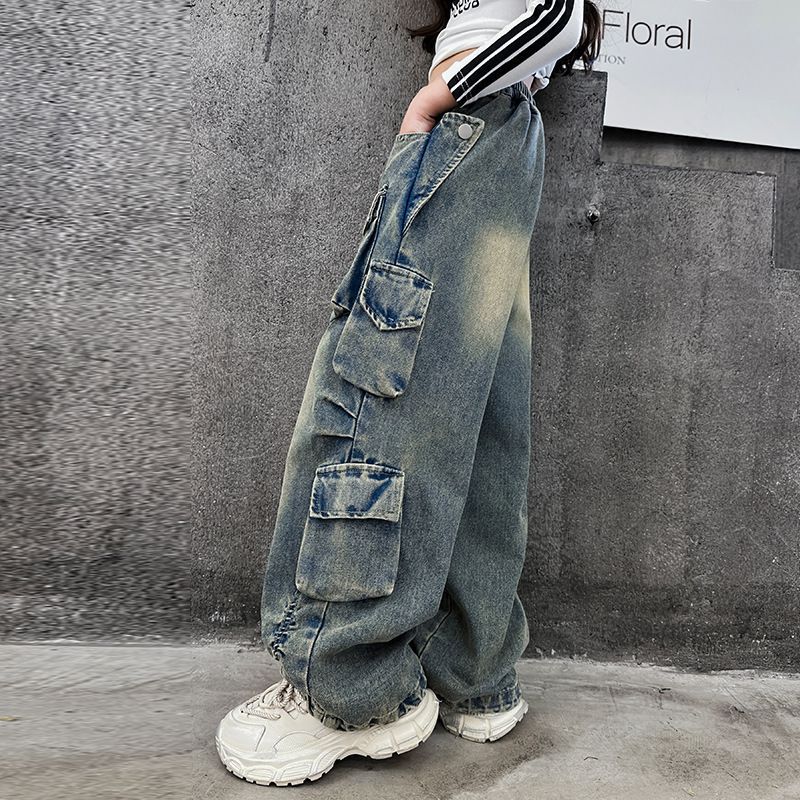 Spring and Autumn Girls' Wide Leg Pants Cargo Jeans for Girls Loose Casual Elastic Waist Teenage Children Wide Leg Pants Streetwear Kids Trousers