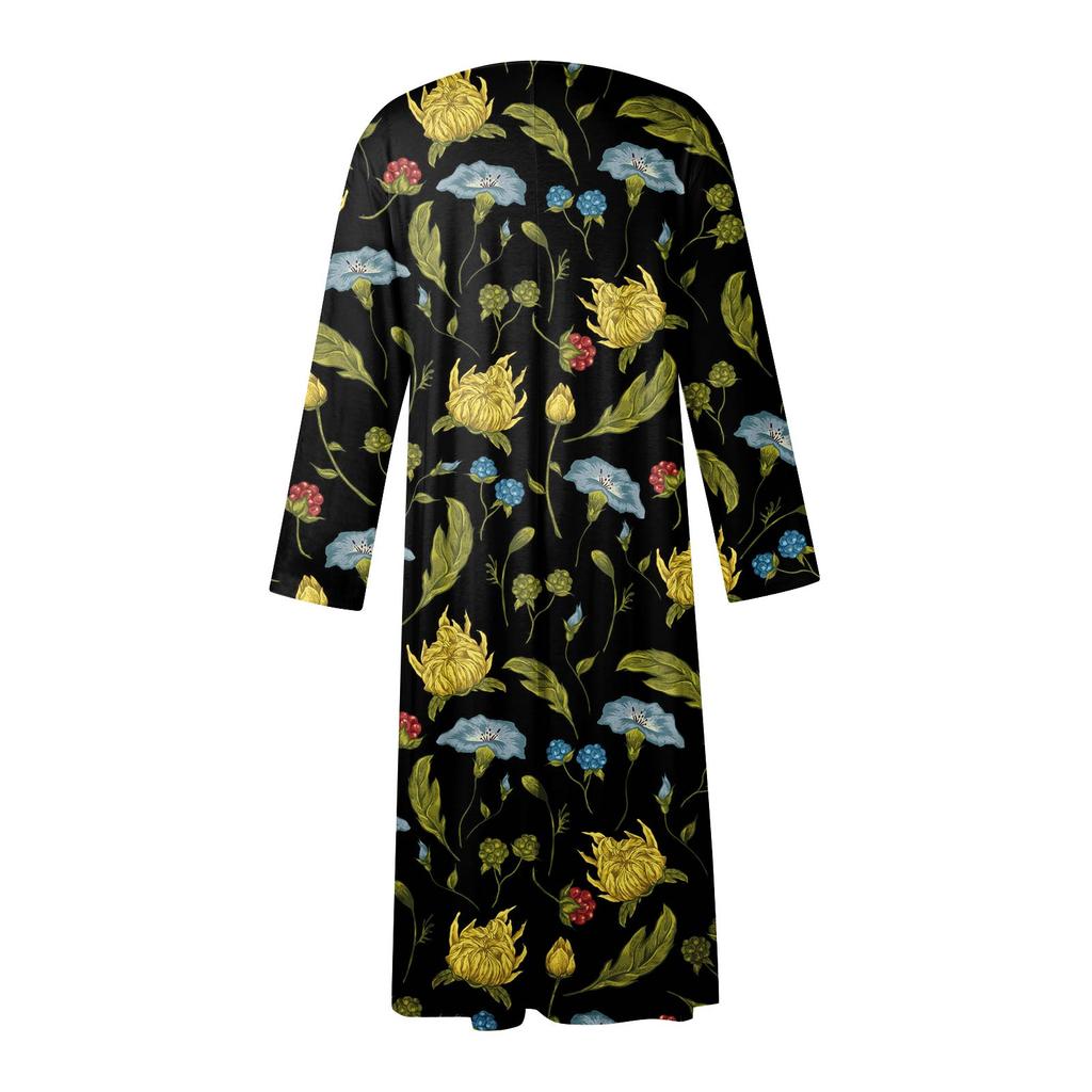 Женское повседневное платье средней длины с круглым вырезом и принтом, платье средней длины с длинными рукавами и карманом