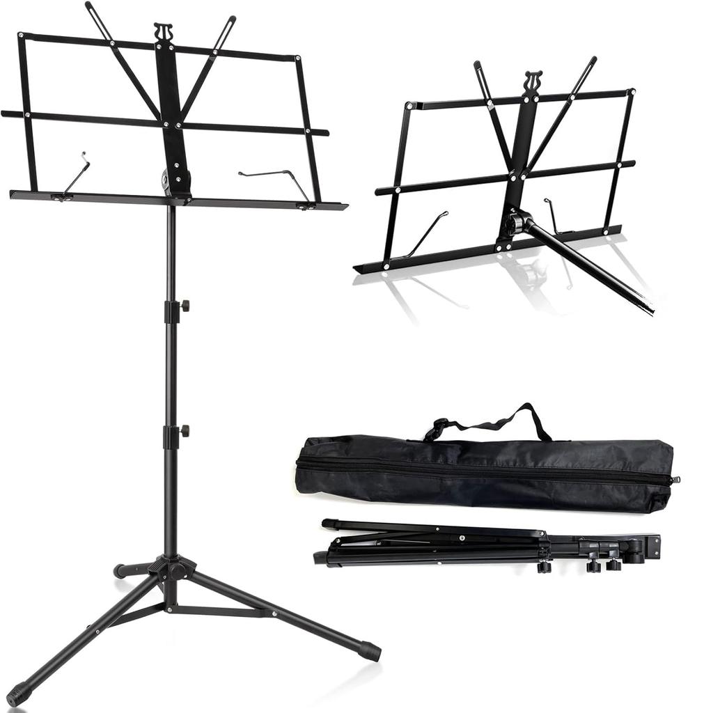 TOPAIM Lightweight Folding Music Stand with Storage Height and Angle Steel Suitable for Live and Recitals Bag, Adjustable, Extendable, Portable,