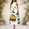 Women Plus Size Round Neck Sleeveless Cartoon Construction Vehicle Printed A Line Long Dress With Pockets