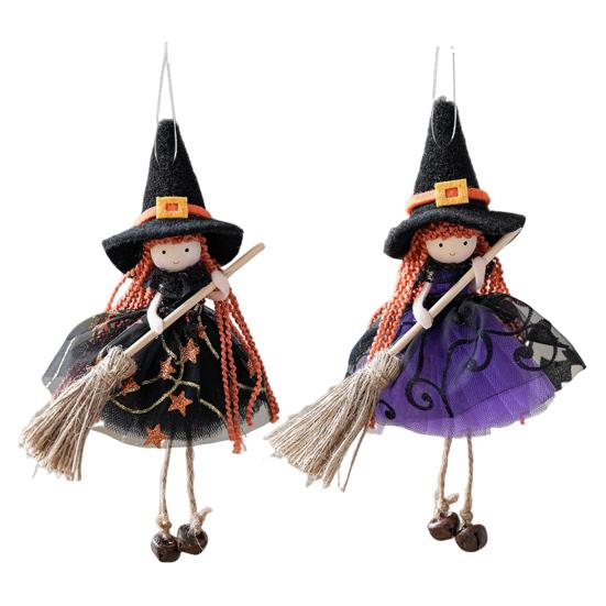 Halloween Witch Doll Decor with Broom Small Witch Figurine with Gauze Skirt Kitchen Hanging Witch Ornament for Room Door Window Halloween Decor