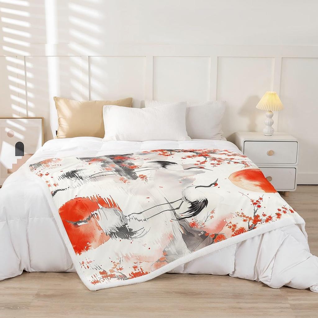 GUOYU Blanket Japanese Style Blankets and ThrowsCrane and Sun Blanket Throw for Kids AdultsCherry Blossom Fleece Blanket Oriental Painting