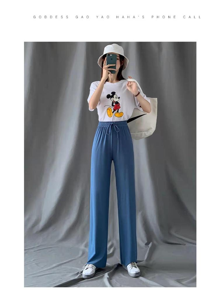 Женские брюки с высокой талией и широкими штанинами из ледяного шелка на весну/лето - Свободные, стройнящие, длиной до пола.