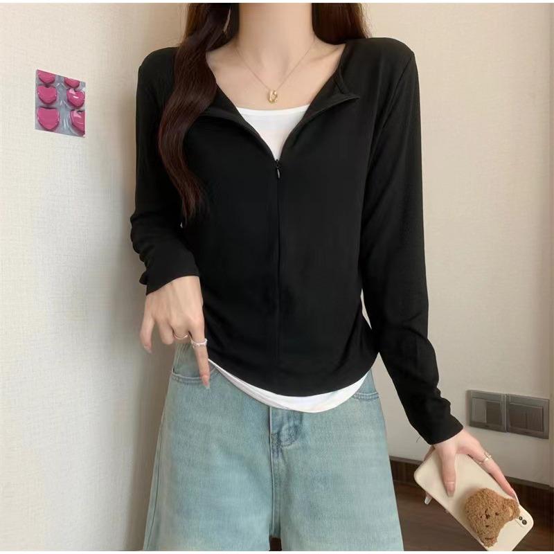 Женская футболка с длинным рукавом на молнии, имитирующая двойку, облегающего кроя, верхняя одежда, новая базовая футболка, топ в корейском стиле, осень