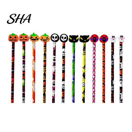 Creative Graffiti Pencils 12 Pcs Halloween with 3D Skull Ghost Pumpkin Cat Erasers, Erasers Wood Bulk for Goodie Bags, School Classroom Rewards