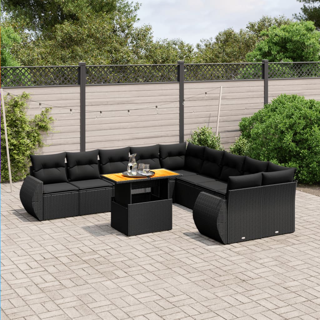 11 piece Garden Sofa Set with Cushions Black Poly Rattan