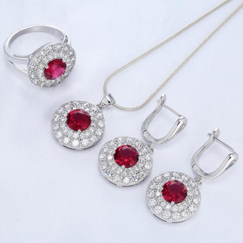 Мода Круглый Красный Кристалл Горный Хрусталь Серебряный Цвет Обручальное Кольцо Серьги Ожерелье Набор