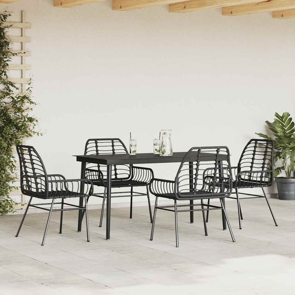 5 Piece Black Poly Rattan Outdoor Dining Set with Glass Table