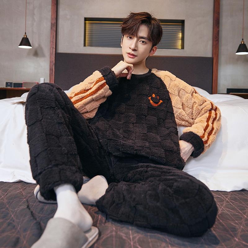 Men's Winter Flannel Pajamas - Thick Plush Coral Fleece Long Sleeve Set