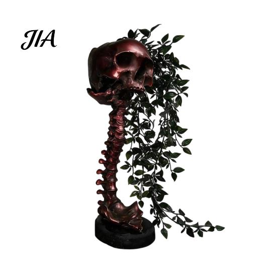 Gothic Skull Planter for Succulents Pothos, Creative Skeleton Flower Pot with Vintage Metal Style Cemetery Art Spine Column, Foliage Plant Container