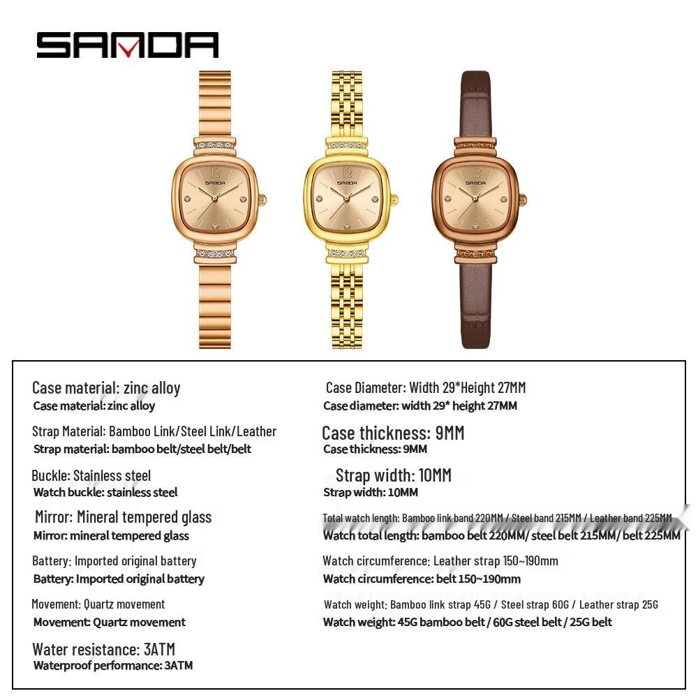 Женские кварцевые часы Sanda 7052 с кожаным ремешком, маленьким квадратным циферблатом с бриллиантовыми акцентами и гильошированным циферблатом