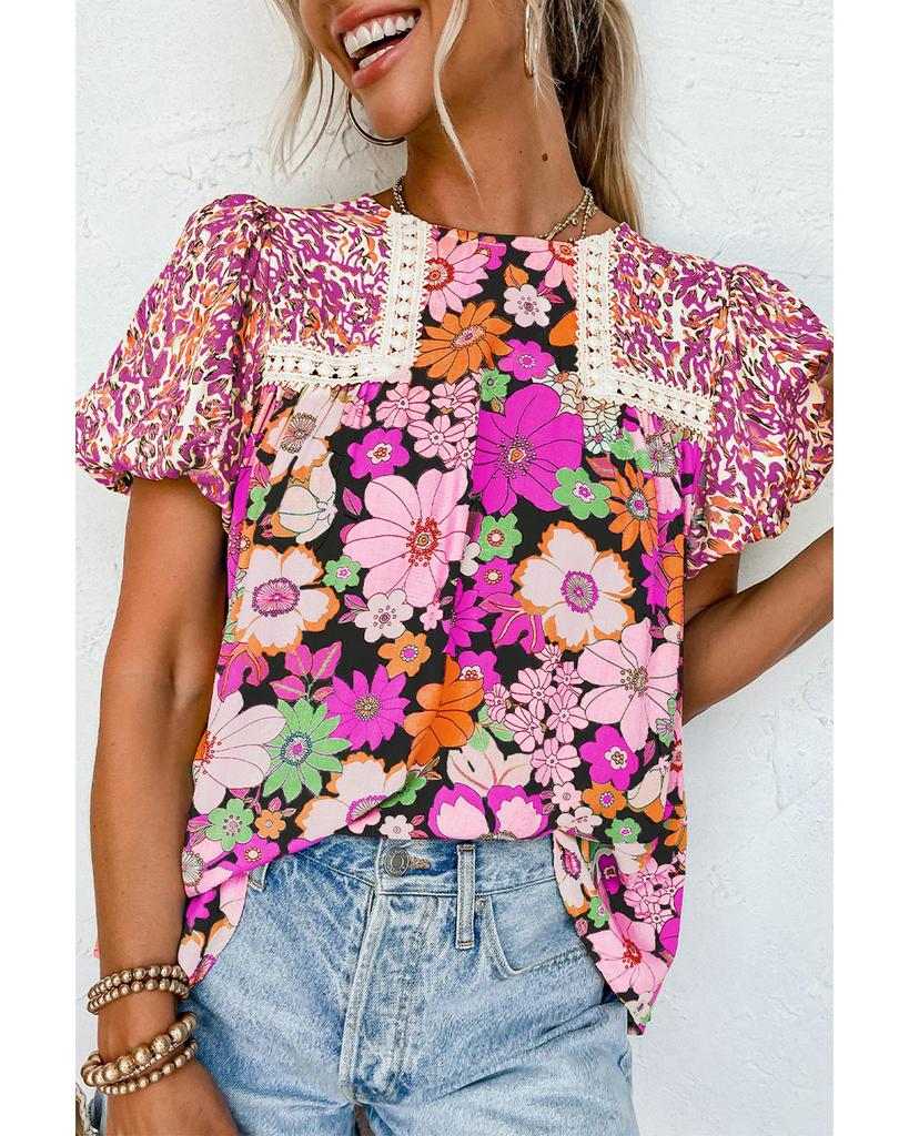 Azura Exchange Блузка с цветочным принтом и кружевной отделкой, розово-красного цвета, с рукавами-фонариками