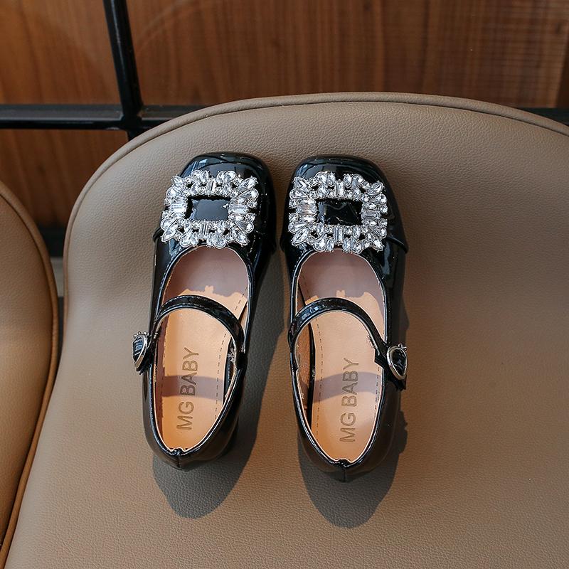 Korean Style Rhinestones Large Buckle Princess Shoes Shallow Mary Janes Hook & Loop Children's Fashion Party Wedding Shoes Flat